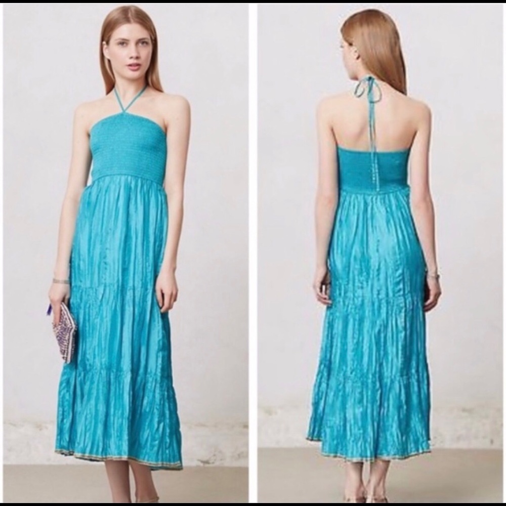 Anthropologie Maeve blue turquoise silk dress